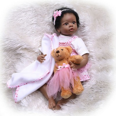22'' Reborn Baby Doll African American Doll Silicone Vinyl Newborn Dolls Dress 