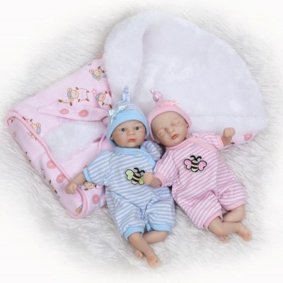 2Pcs Girl&Boy Reborn Baby Dolls Twins 12" Full Body Silicone Likelife Bebe Gifts
