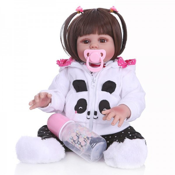 Reborn Girl Doll In Panda Clothes Lifelike Realistic Silicone Vinyl Baby Doll 19inch