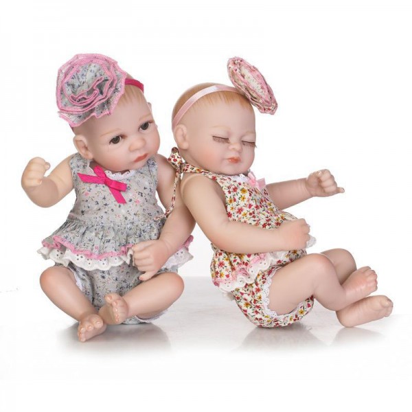 Mini Reborn Twins Dolls Preemie Lifelike Silicone Painted Hair Sleeping Boy Girl Doll 10inch